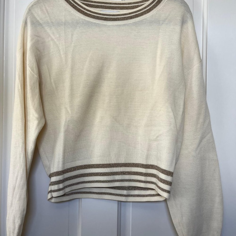 & other stories cream lightweight wool sweater with gold trim